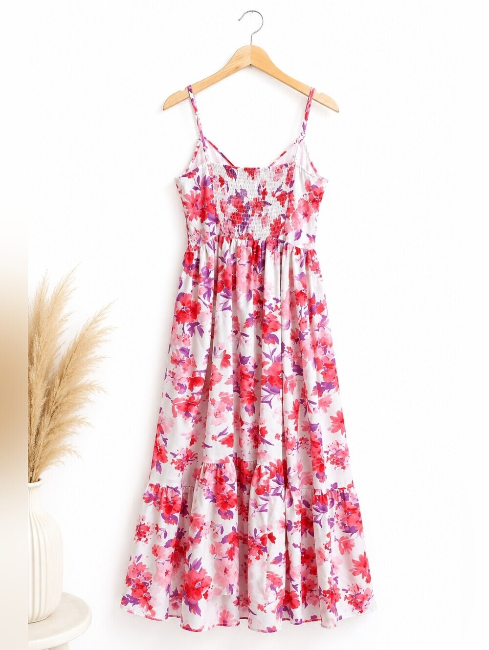 Grace Karin Floral Maxi Dress Pink Purple Watercolor Print Smocked Waist Size 8 - Picture 4 of 7